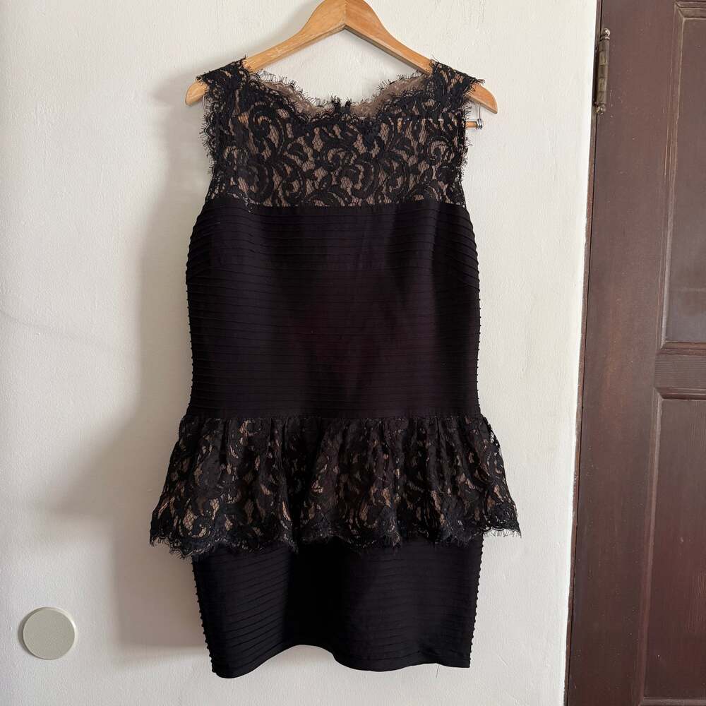 TADASHI SHOJI Black Lace Pintuck Peplum Cocktail Bandage Dress 2023 Extra Large